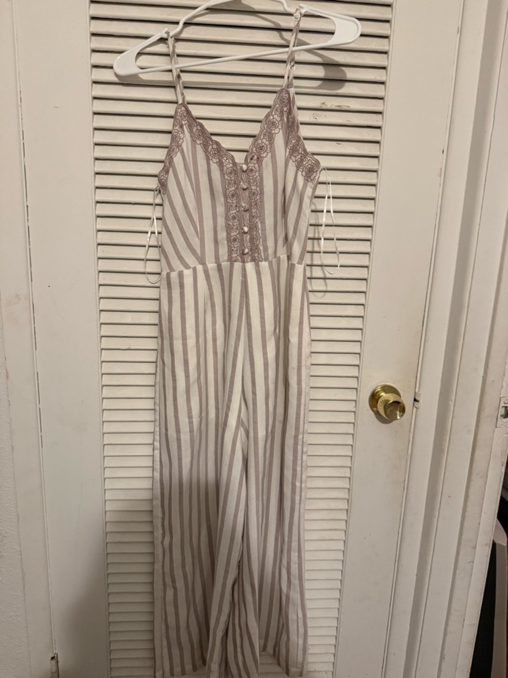 Chelsea & Violet White and Taupe Striped Lace-Trim Jumpsuit